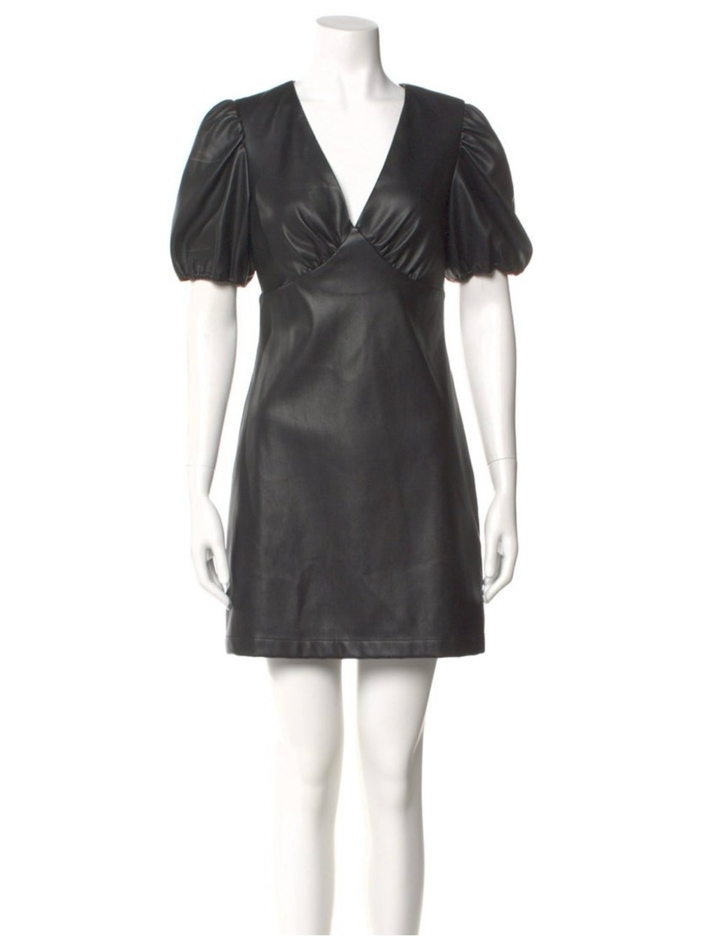 STAUD Black Faux Leather Puff Sleeve Mini Dress